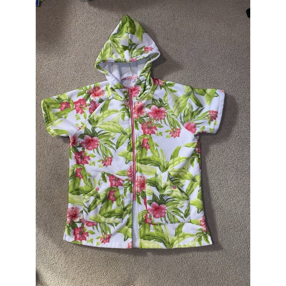 Tommy Bahama Girls L/XL 7-12 Terry Cloth Hooded Swim Cover Up Hibiscus Floral